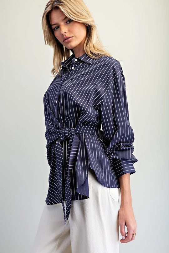 ee:some Navy Pinstriped Tie Waist Button-Down Blouse-shirts-ee:some-Deja Nu Boutique, Women's Fashion Boutique in Lampasas, Texas