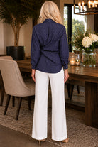 ee:some Navy Pinstriped Tie Waist Button-Down Blouse-shirts-ee:some-Deja Nu Boutique, Women's Fashion Boutique in Lampasas, Texas