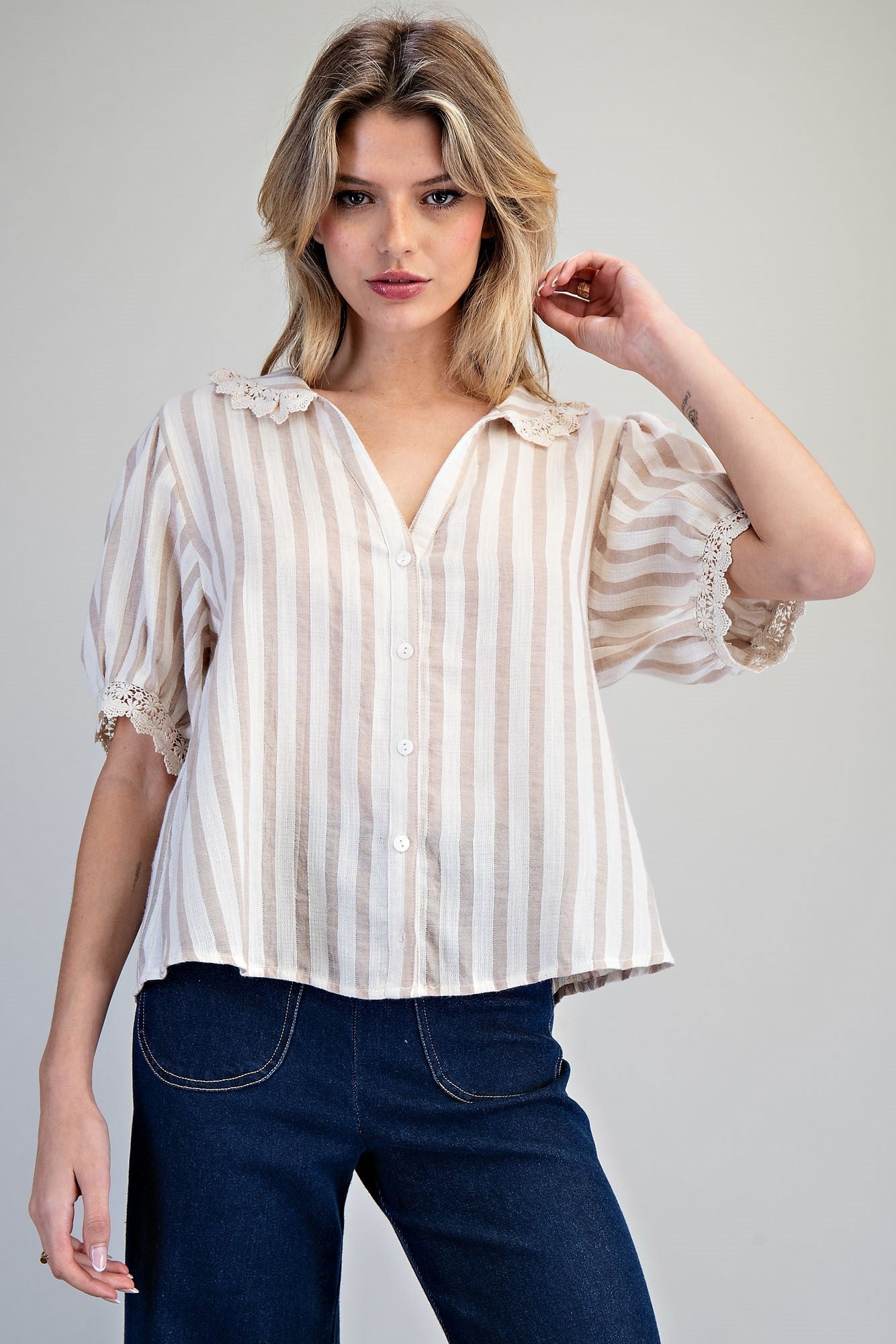 ee:some Lace Trim Striped Button Down Top – Natural-shirts-ee:some-Deja Nu Boutique, Women's Fashion Boutique in Lampasas, Texas