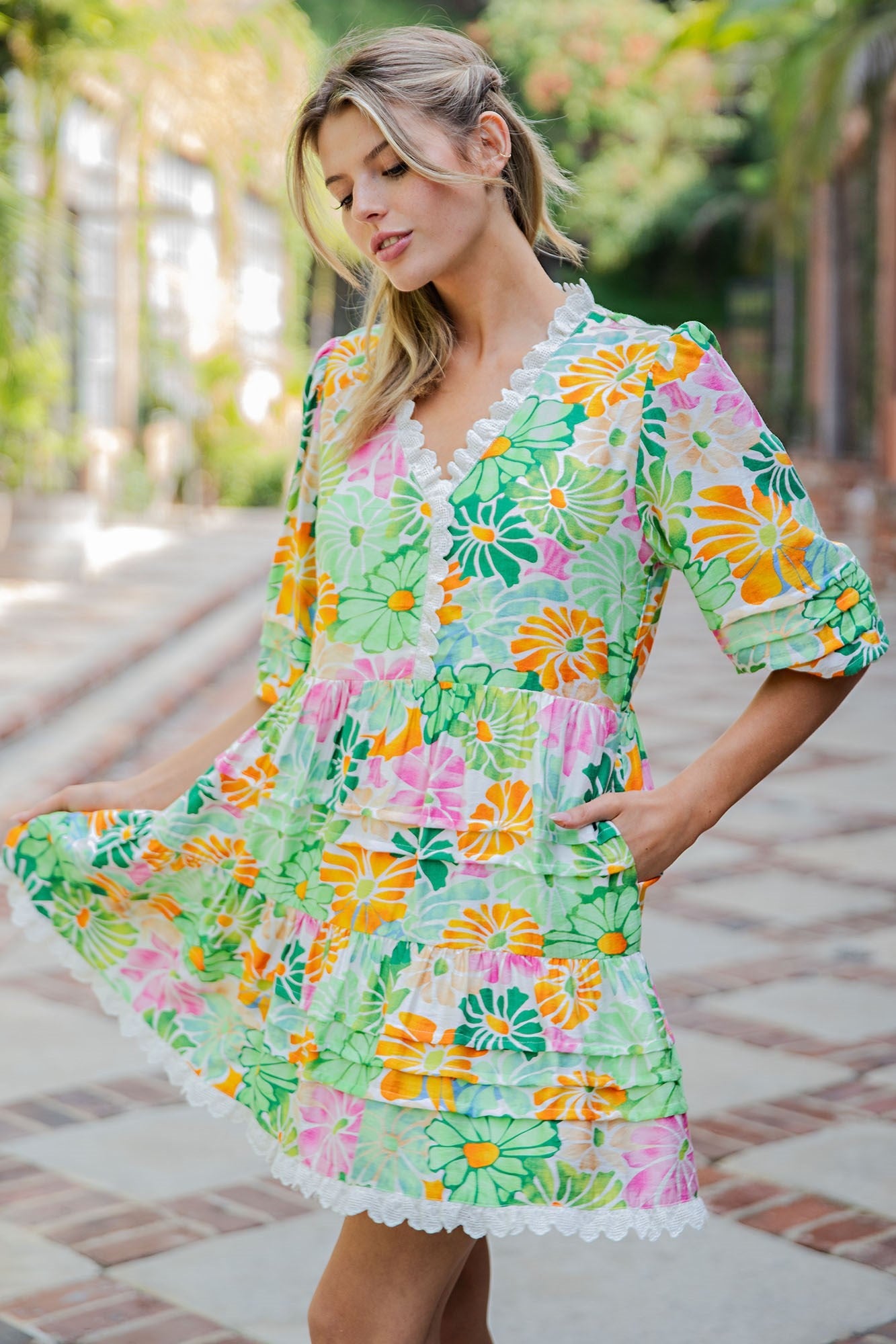 ee:some Floral Lace Trim Tiered Mini Dress – Spring Green Multi-mini dress-eesome-Deja Nu Boutique, Women's Fashion Boutique in Lampasas, Texas