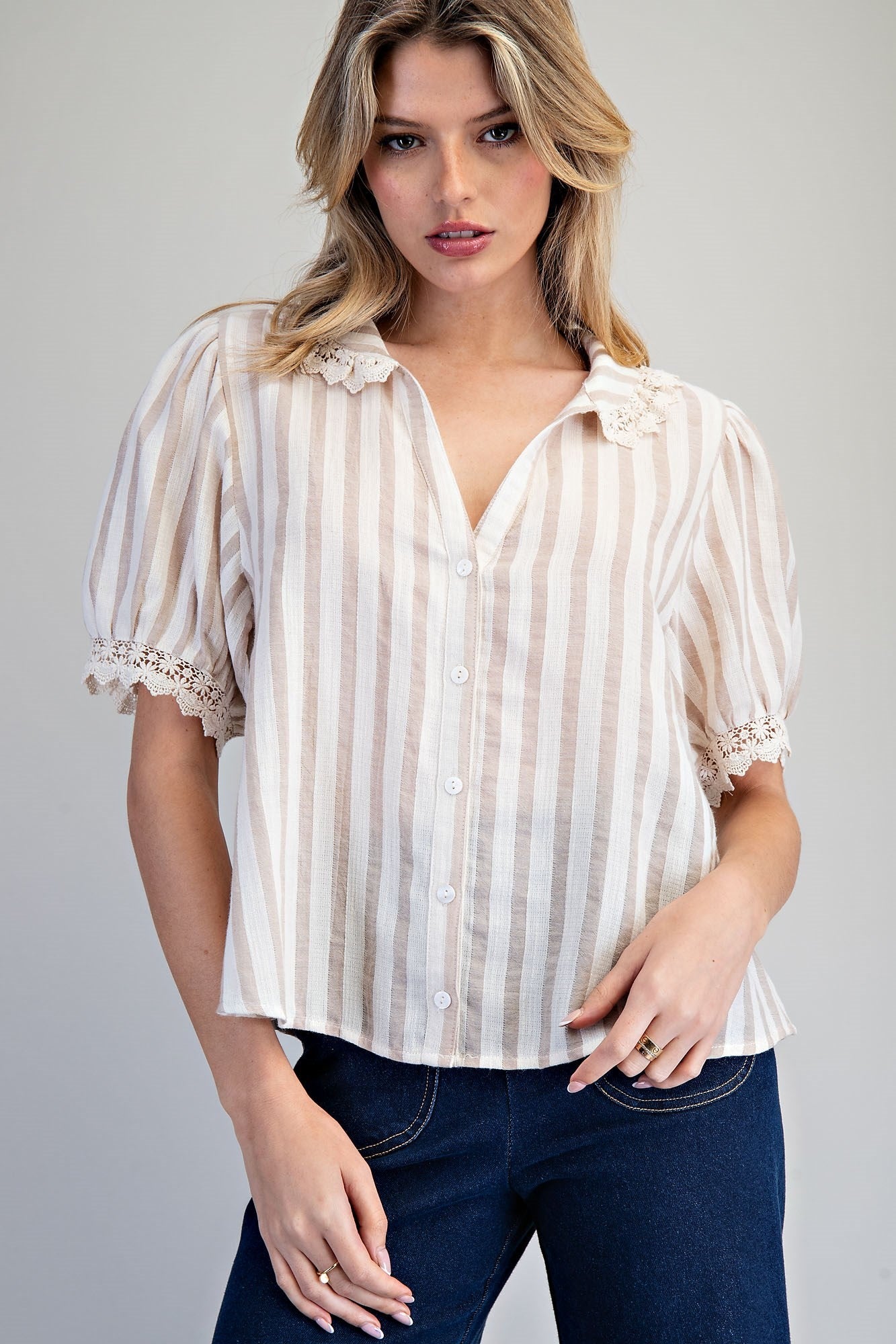 ee:some Lace Trim Striped Button Down Top – Natural-shirts-ee:some-Deja Nu Boutique, Women's Fashion Boutique in Lampasas, Texas