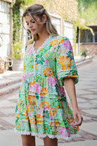 ee:some Floral Lace Trim Tiered Mini Dress – Spring Green Multi-mini dress-eesome-Deja Nu Boutique, Women's Fashion Boutique in Lampasas, Texas