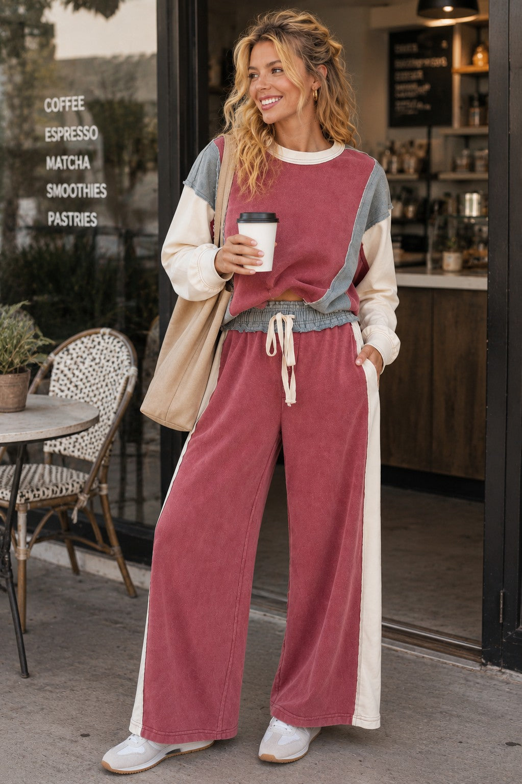 ee:some Color Block Denim Drawstring Pants in Red Bean-bottoms-ee:some-Deja Nu Boutique, Women's Fashion Boutique in Lampasas, Texas