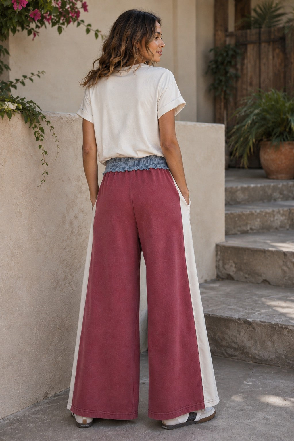 ee:some Color Block Denim Drawstring Pants in Red Bean-bottoms-ee:some-Deja Nu Boutique, Women's Fashion Boutique in Lampasas, Texas