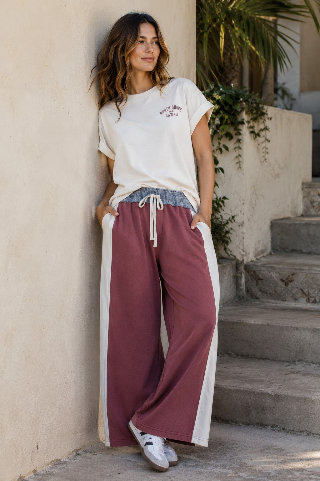 ee:some Color Block Denim Drawstring Pants in Red Bean-bottoms-ee:some-Deja Nu Boutique, Women's Fashion Boutique in Lampasas, Texas