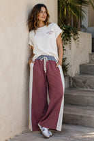 ee:some Color Block Denim Drawstring Pants in Red Bean-bottoms-ee:some-Deja Nu Boutique, Women's Fashion Boutique in Lampasas, Texas