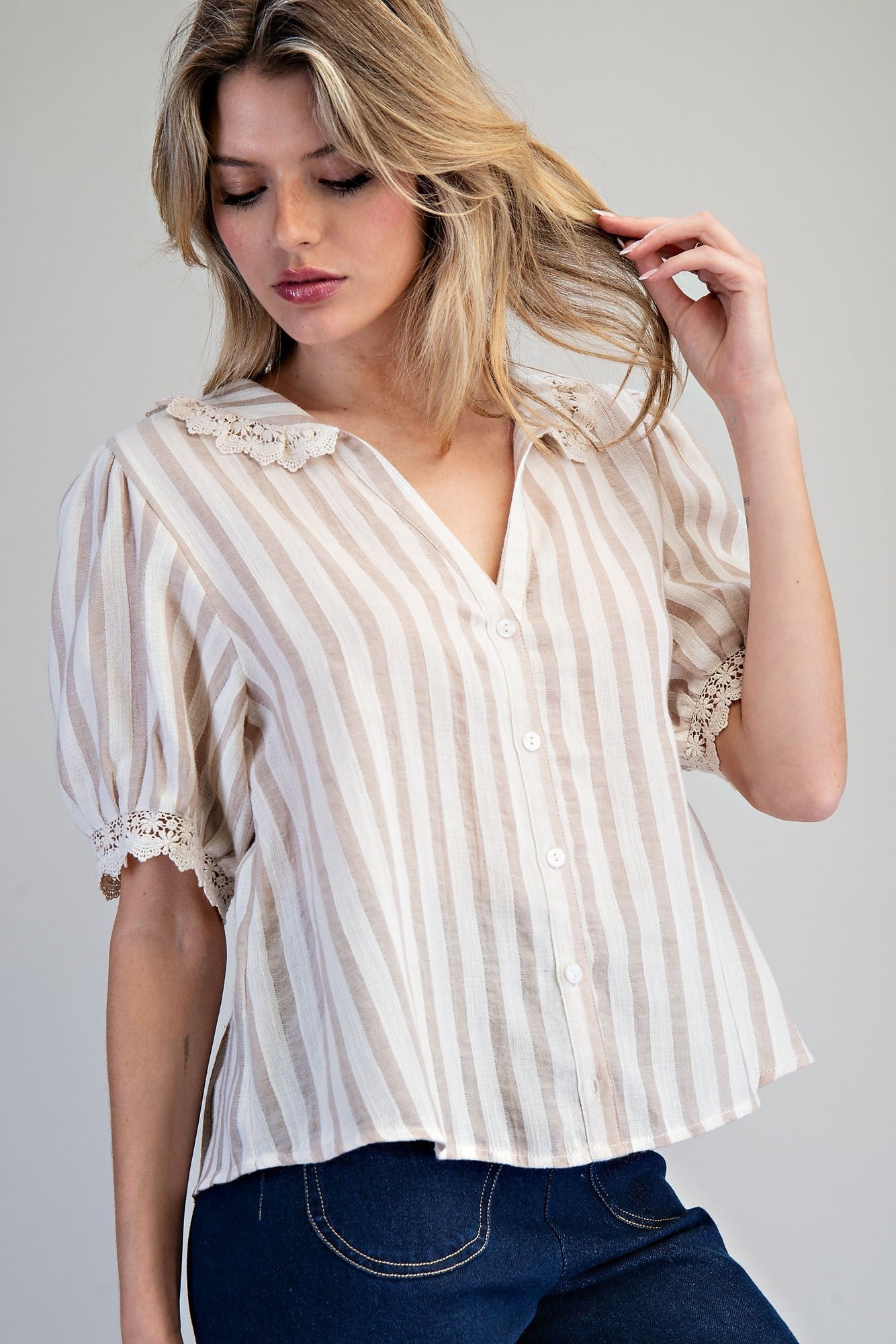 ee:some Lace Trim Striped Button Down Top – Natural-shirts-ee:some-Deja Nu Boutique, Women's Fashion Boutique in Lampasas, Texas