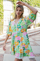 ee:some Floral Lace Trim Tiered Mini Dress – Spring Green Multi-mini dress-eesome-Deja Nu Boutique, Women's Fashion Boutique in Lampasas, Texas