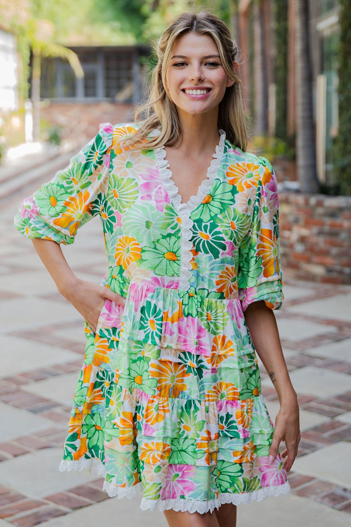 ee:some Floral Lace Trim Tiered Mini Dress – Spring Green Multi-mini dress-eesome-Deja Nu Boutique, Women's Fashion Boutique in Lampasas, Texas