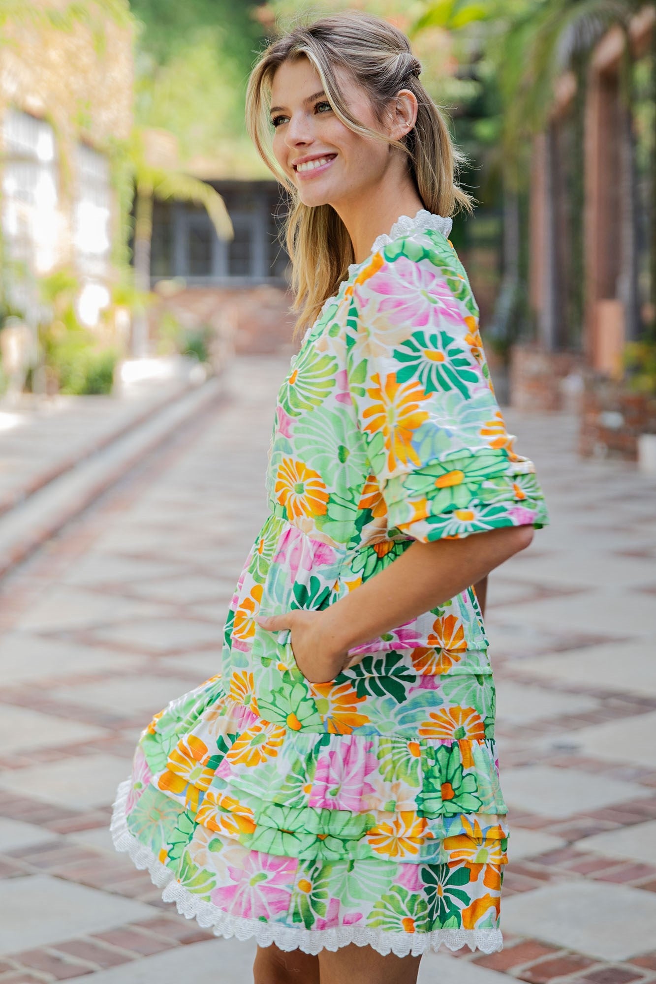 ee:some Floral Lace Trim Tiered Mini Dress – Spring Green Multi-mini dress-eesome-Deja Nu Boutique, Women's Fashion Boutique in Lampasas, Texas