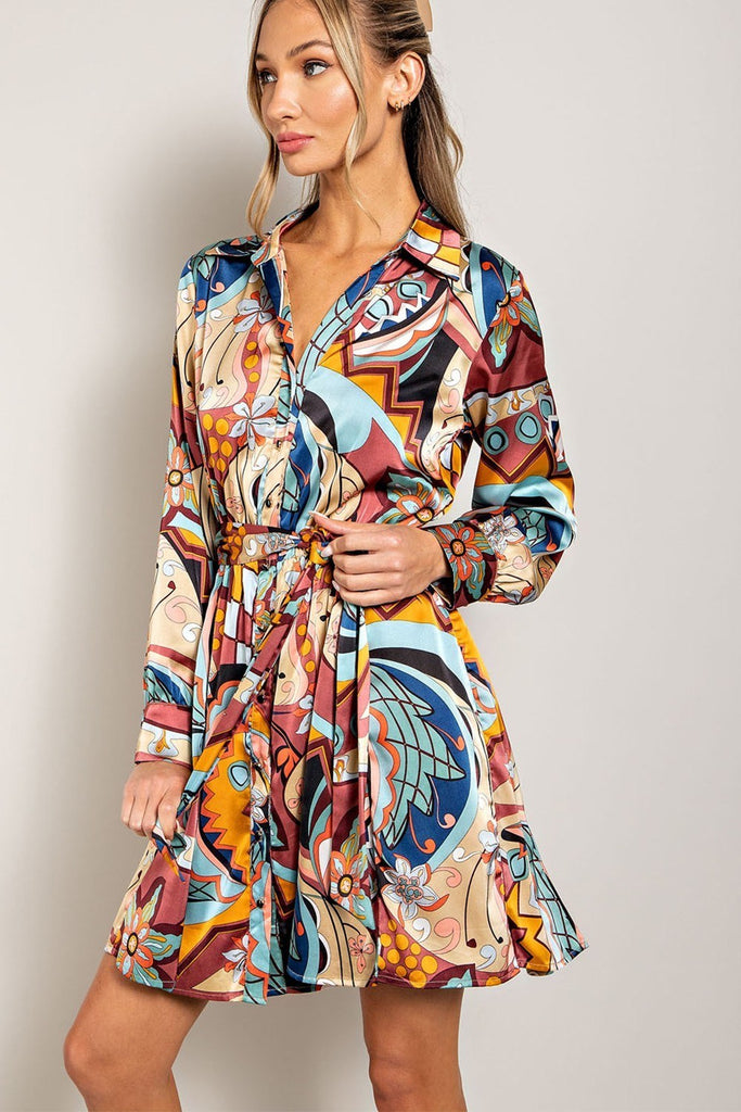 ee:some Abstract Print Tie Waist Wrap Mini Dress In Red Bean-Short Dresses-ee:some-Deja Nu Boutique, Women's Fashion Boutique in Lampasas, Texas