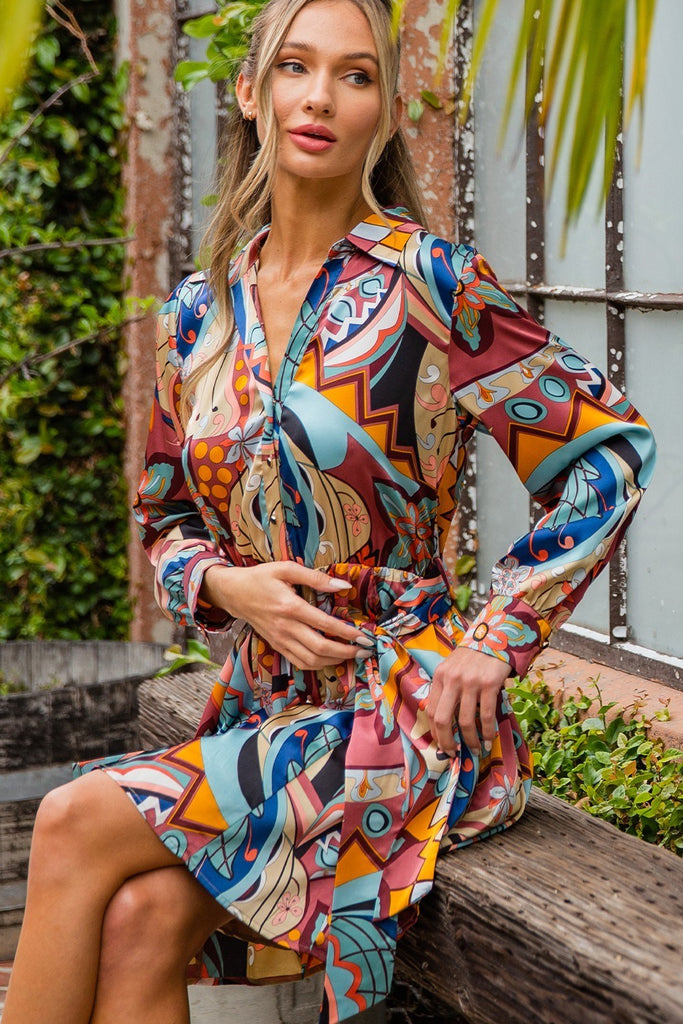 ee:some Abstract Print Tie Waist Wrap Mini Dress In Red Bean-Short Dresses-ee:some-Deja Nu Boutique, Women's Fashion Boutique in Lampasas, Texas