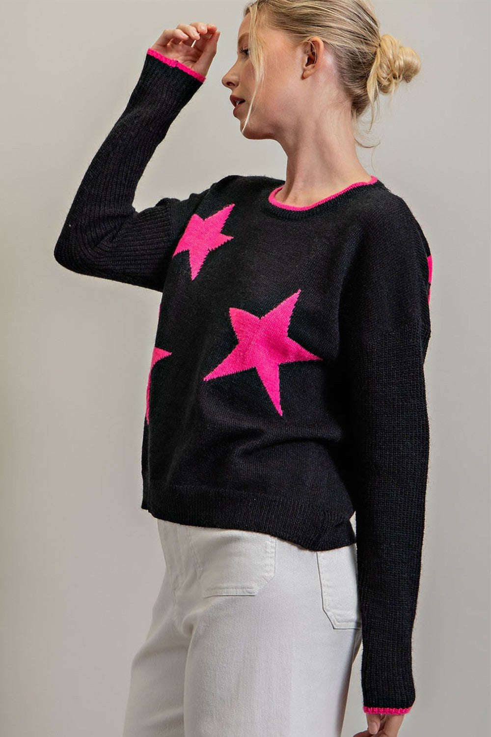 eesome Black Sweater With Hot Pink Stars-Sweaters-ee:some-Deja Nu Boutique, Women's Fashion Boutique in Lampasas, Texas