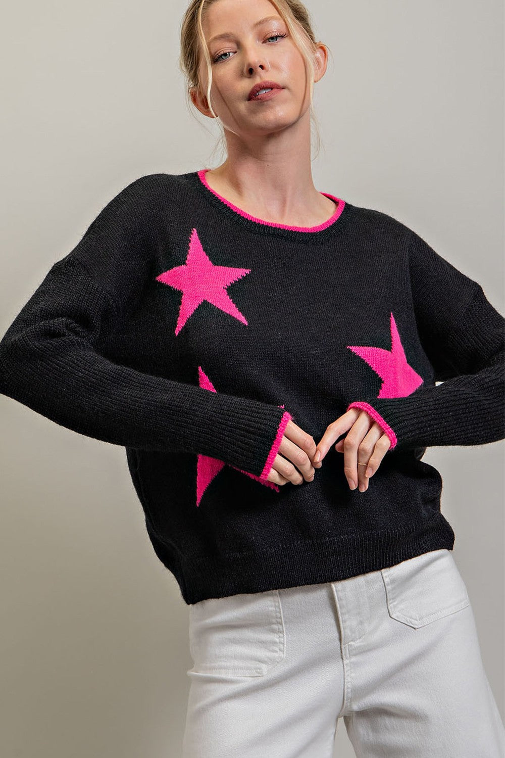 eesome Black Sweater With Hot Pink Stars-Sweaters-ee:some-Deja Nu Boutique, Women's Fashion Boutique in Lampasas, Texas