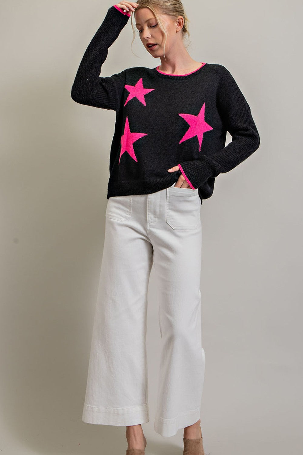 eesome Black Sweater With Hot Pink Stars-Sweaters-ee:some-Deja Nu Boutique, Women's Fashion Boutique in Lampasas, Texas