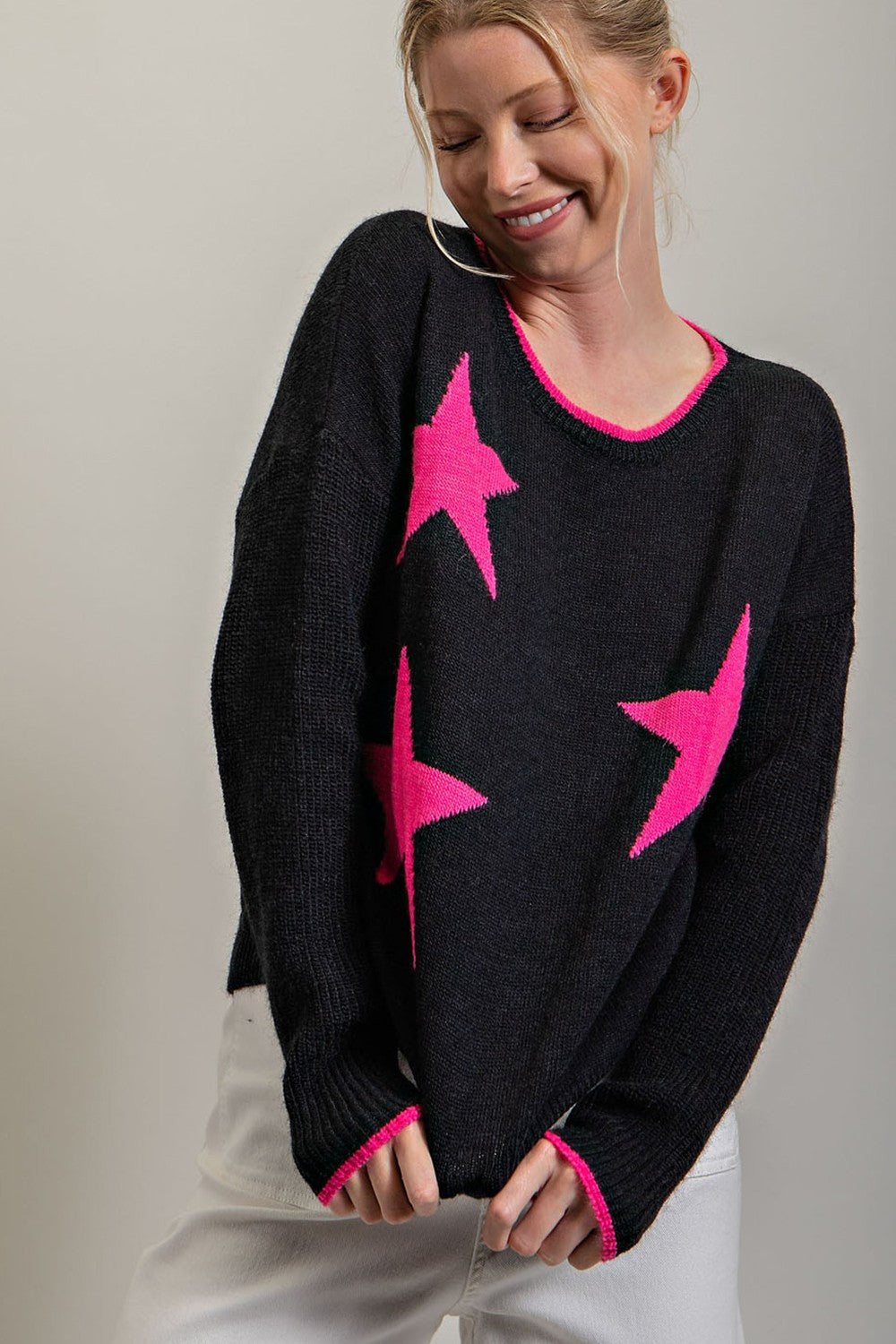 eesome Black Sweater With Hot Pink Stars-Sweaters-ee:some-Deja Nu Boutique, Women's Fashion Boutique in Lampasas, Texas