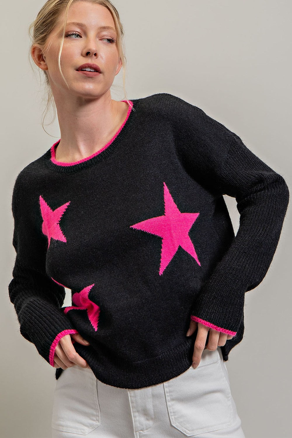 eesome Black Sweater With Hot Pink Stars-Sweaters-ee:some-Deja Nu Boutique, Women's Fashion Boutique in Lampasas, Texas