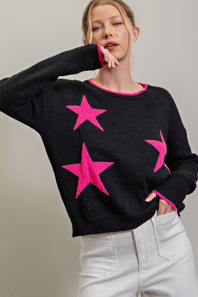 eesome Black Sweater With Hot Pink Stars-Sweaters-ee:some-Deja Nu Boutique, Women's Fashion Boutique in Lampasas, Texas