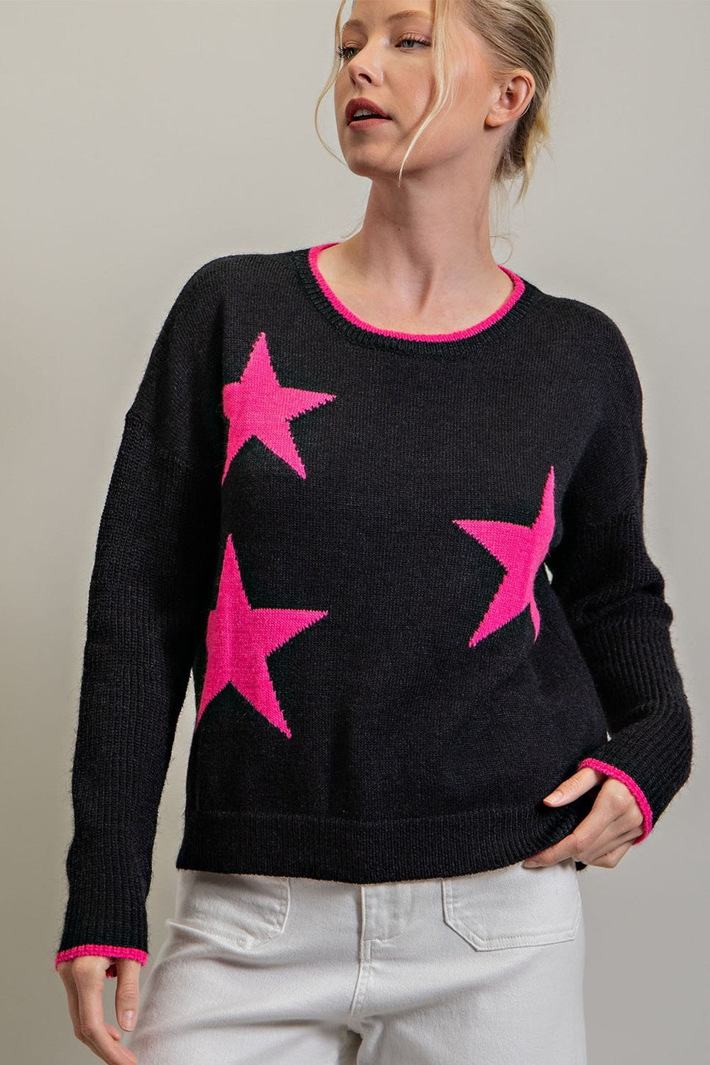 eesome Black Sweater With Hot Pink Stars-Sweaters-ee:some-Deja Nu Boutique, Women's Fashion Boutique in Lampasas, Texas