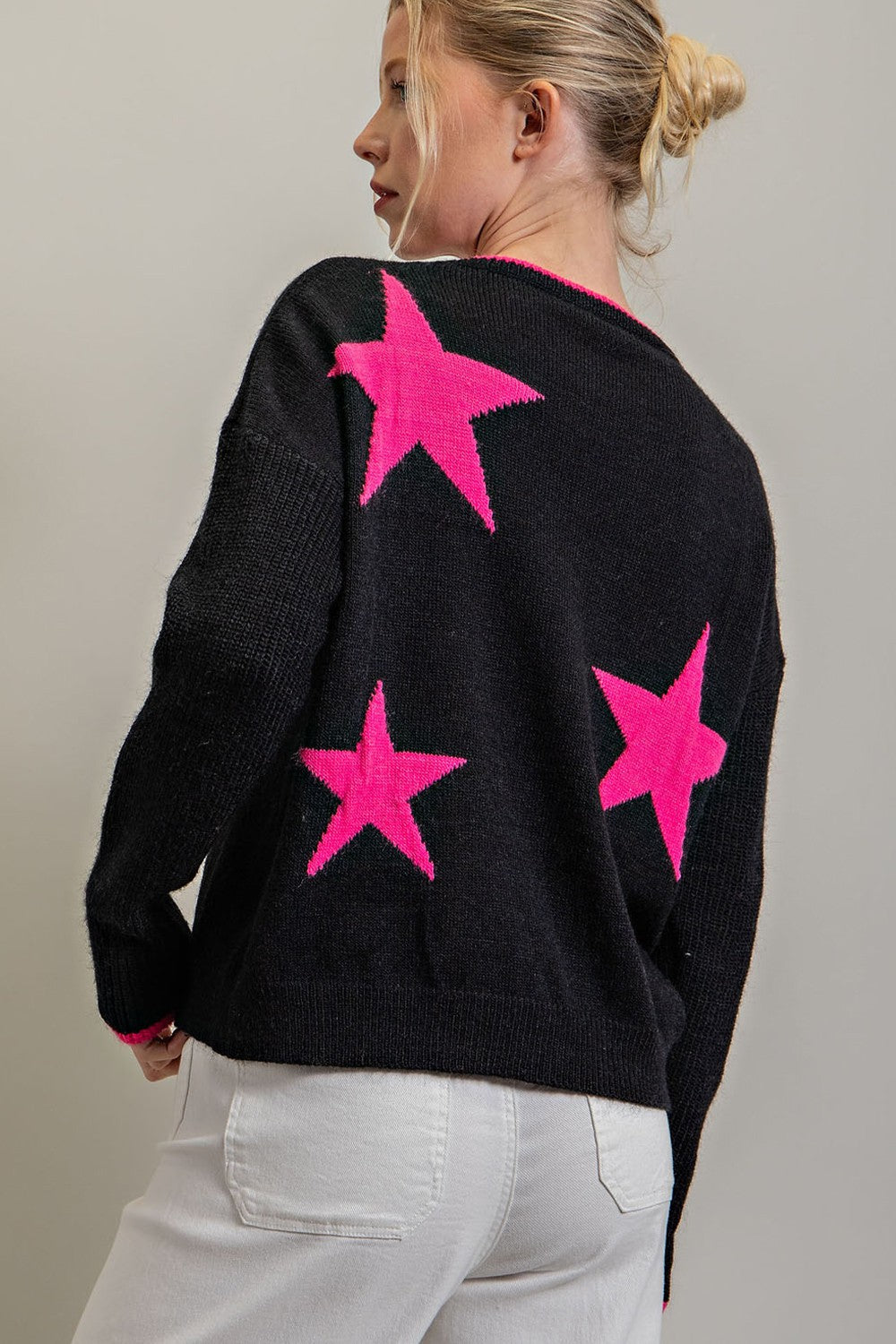 eesome Black Sweater With Hot Pink Stars-Sweaters-ee:some-Deja Nu Boutique, Women's Fashion Boutique in Lampasas, Texas