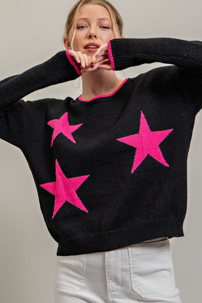 eesome Black Sweater With Hot Pink Stars-Sweaters-ee:some-Deja Nu Boutique, Women's Fashion Boutique in Lampasas, Texas