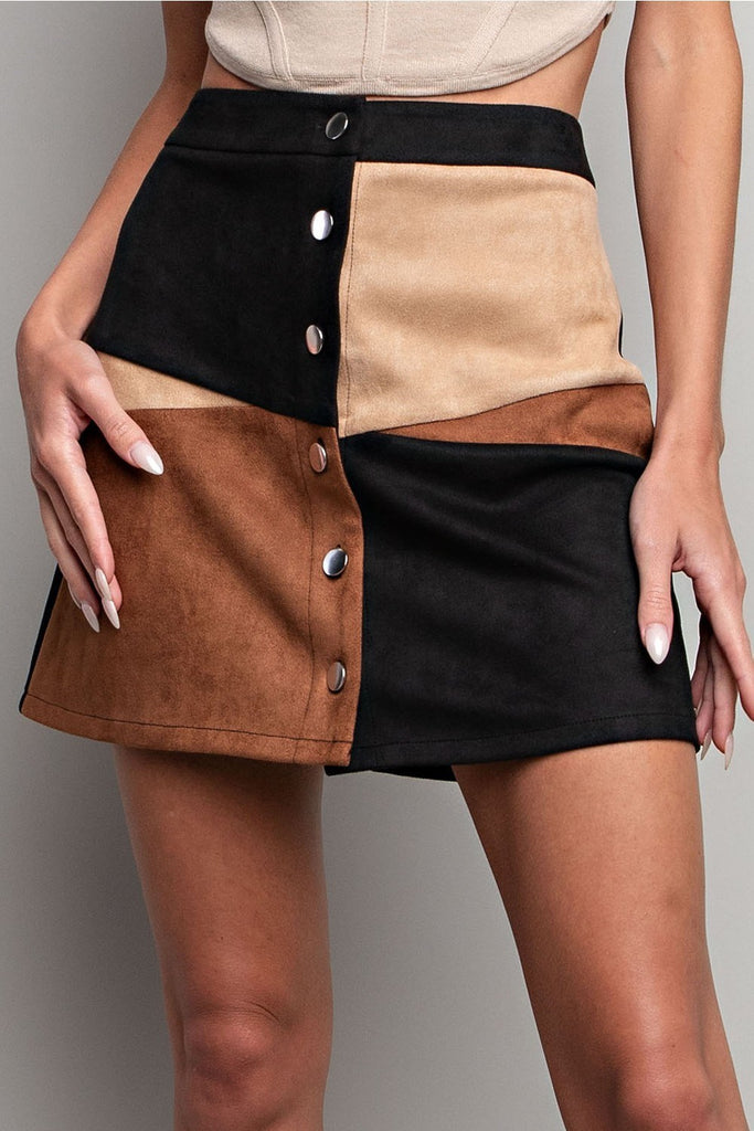 ee:some Color Block Button Down Mini Skirt In Black And Brown-Skirts-ee:some-Deja Nu Boutique, Women's Fashion Boutique in Lampasas, Texas