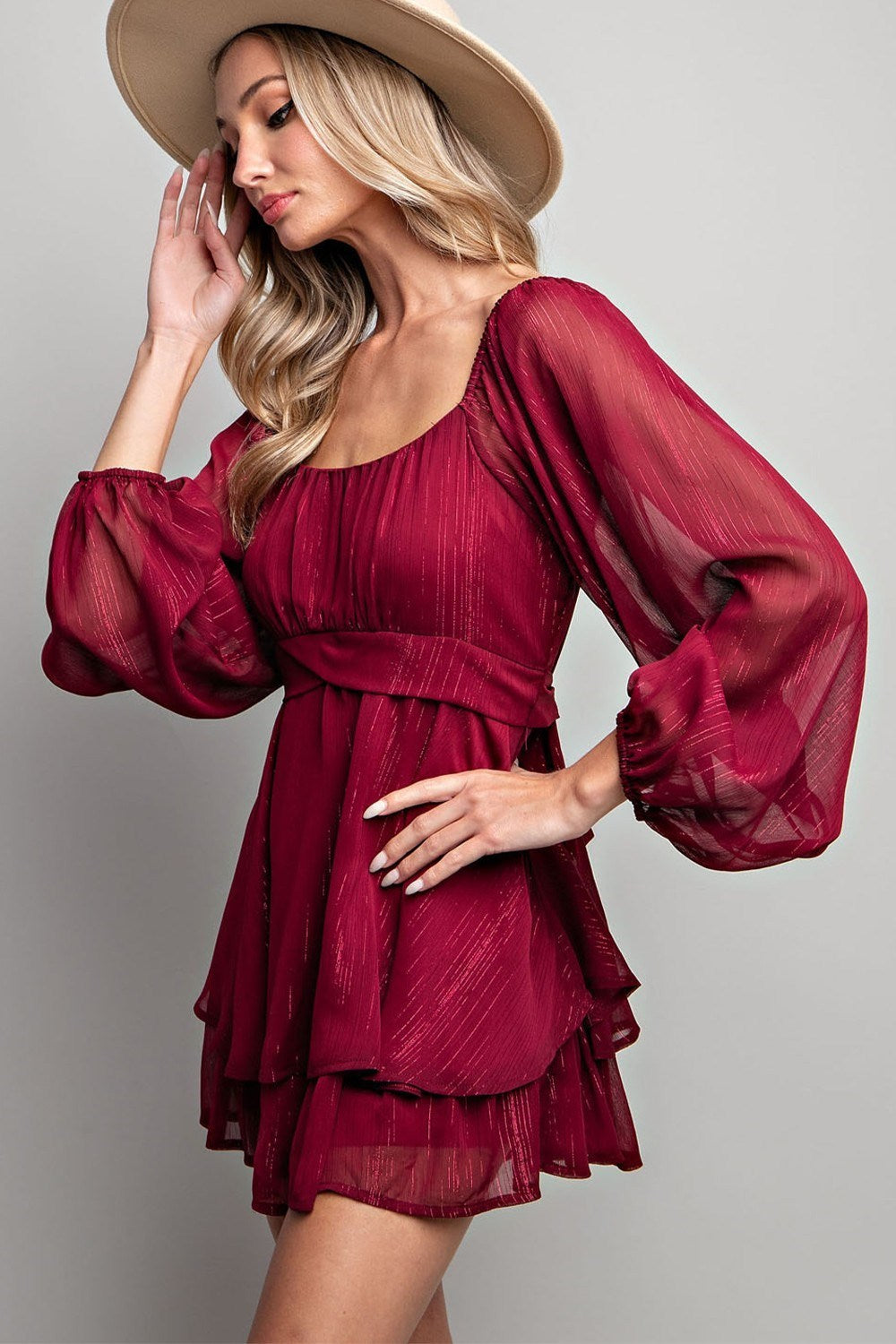 ee:some Flare Bubble Sleeve Romper In Wine-Rompers & Jumpsuits-ee:some-Deja Nu Boutique, Women's Fashion Boutique in Lampasas, Texas