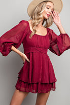 ee:some Flare Bubble Sleeve Romper In Wine-Rompers & Jumpsuits-ee:some-Deja Nu Boutique, Women's Fashion Boutique in Lampasas, Texas