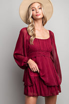 ee:some Flare Bubble Sleeve Romper In Wine-Rompers & Jumpsuits-ee:some-Deja Nu Boutique, Women's Fashion Boutique in Lampasas, Texas