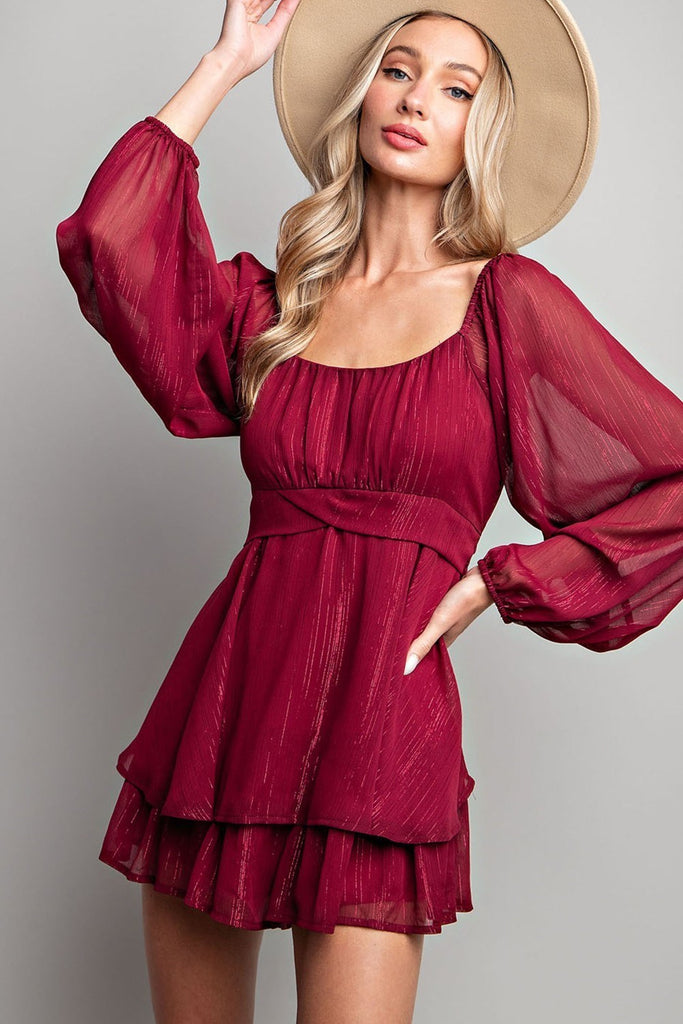 ee:some Flare Bubble Sleeve Romper In Wine-Rompers & Jumpsuits-ee:some-Deja Nu Boutique, Women's Fashion Boutique in Lampasas, Texas