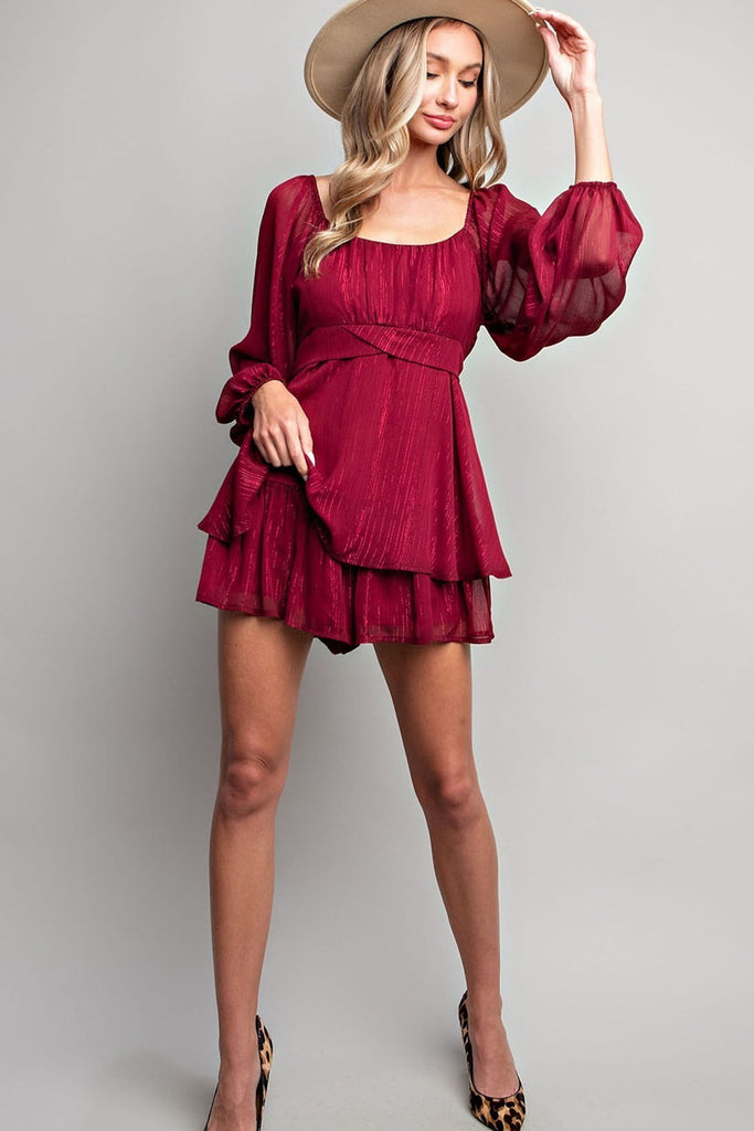 ee:some Flare Bubble Sleeve Romper In Wine-Rompers & Jumpsuits-ee:some-Deja Nu Boutique, Women's Fashion Boutique in Lampasas, Texas