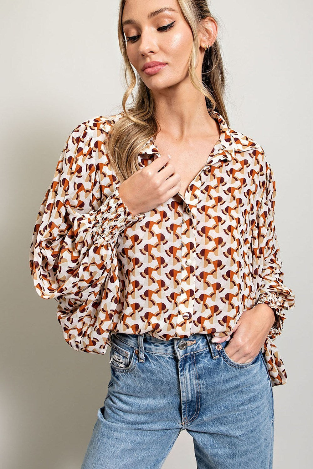 ee:some Geometric Printed Button Down Bubble Sleeve Top In Terracotta-Long Sleeves-ee:some-Deja Nu Boutique, Women's Fashion Boutique in Lampasas, Texas