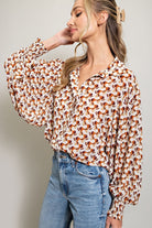 ee:some Geometric Printed Button Down Bubble Sleeve Top In Terracotta-Long Sleeves-ee:some-Deja Nu Boutique, Women's Fashion Boutique in Lampasas, Texas