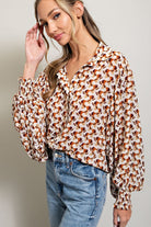 ee:some Geometric Printed Button Down Bubble Sleeve Top In Terracotta-Long Sleeves-ee:some-Deja Nu Boutique, Women's Fashion Boutique in Lampasas, Texas