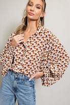 ee:some Geometric Printed Button Down Bubble Sleeve Top In Terracotta-Long Sleeves-ee:some-Deja Nu Boutique, Women's Fashion Boutique in Lampasas, Texas