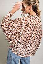 ee:some Geometric Printed Button Down Bubble Sleeve Top In Terracotta-Long Sleeves-ee:some-Deja Nu Boutique, Women's Fashion Boutique in Lampasas, Texas