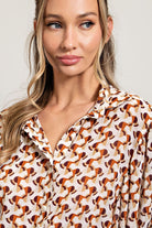 ee:some Geometric Printed Button Down Bubble Sleeve Top In Terracotta-Long Sleeves-ee:some-Deja Nu Boutique, Women's Fashion Boutique in Lampasas, Texas