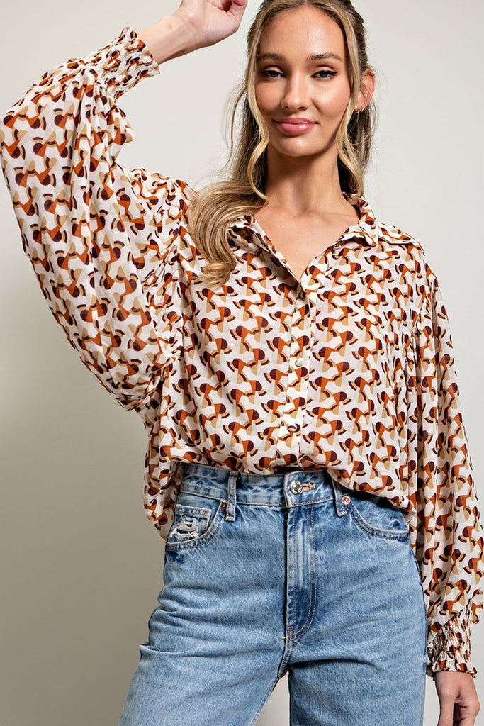 ee:some Geometric Printed Button Down Bubble Sleeve Top In Terracotta-Long Sleeves-ee:some-Deja Nu Boutique, Women's Fashion Boutique in Lampasas, Texas