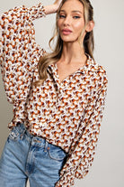 ee:some Geometric Printed Button Down Bubble Sleeve Top In Terracotta-Long Sleeves-ee:some-Deja Nu Boutique, Women's Fashion Boutique in Lampasas, Texas