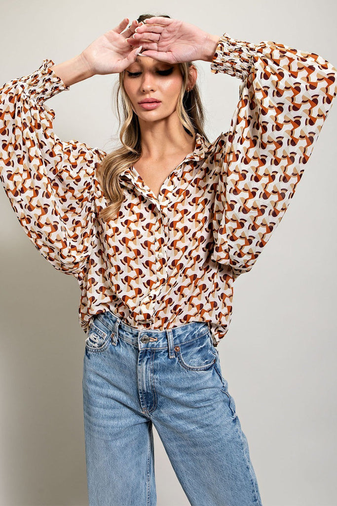 ee:some Geometric Printed Button Down Bubble Sleeve Top In Terracotta-Long Sleeves-ee:some-Deja Nu Boutique, Women's Fashion Boutique in Lampasas, Texas