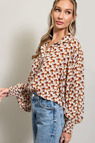 ee:some Geometric Printed Button Down Bubble Sleeve Top In Terracotta-Long Sleeves-ee:some-Deja Nu Boutique, Women's Fashion Boutique in Lampasas, Texas