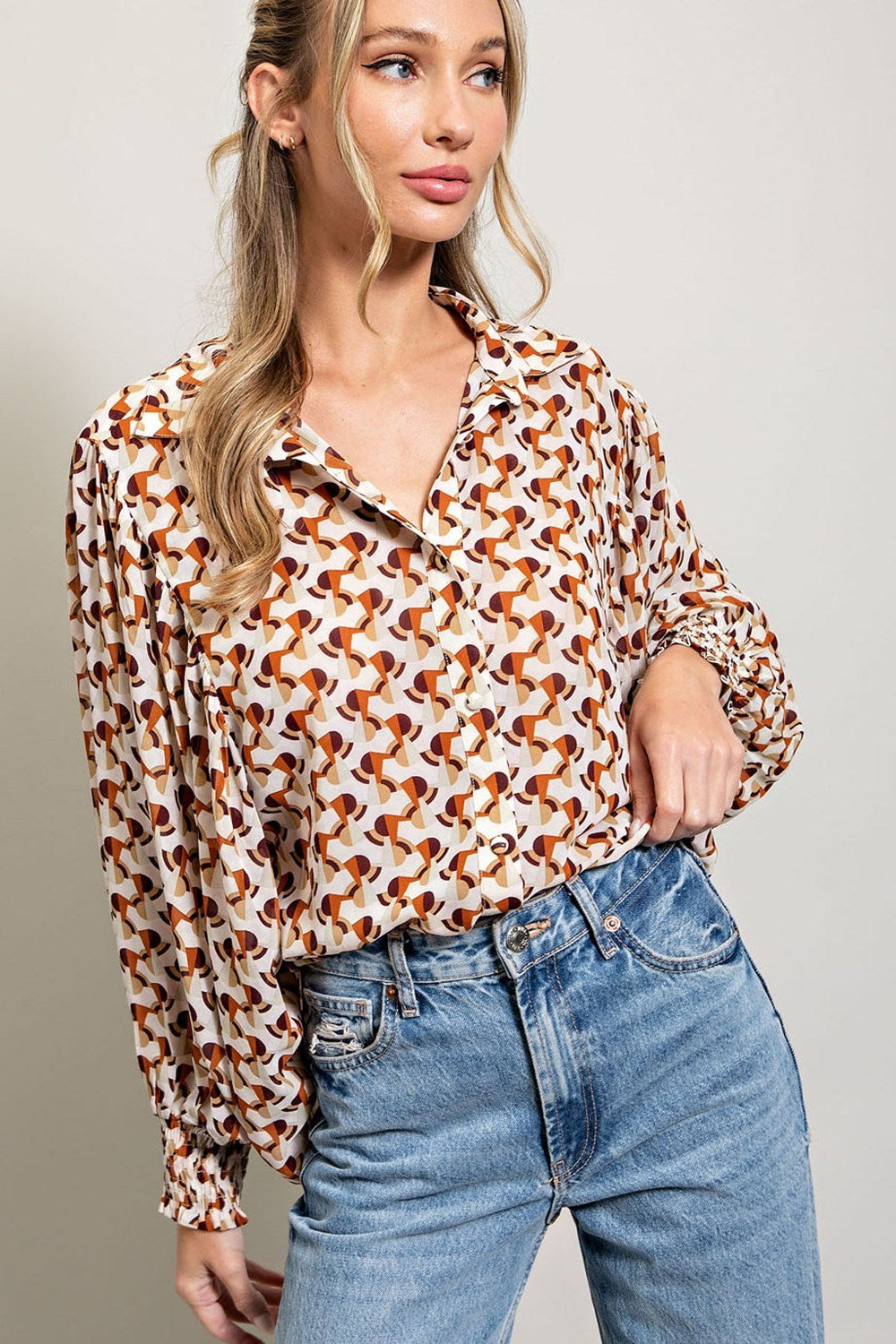 ee:some Geometric Printed Button Down Bubble Sleeve Top In Terracotta-Long Sleeves-ee:some-Deja Nu Boutique, Women's Fashion Boutique in Lampasas, Texas