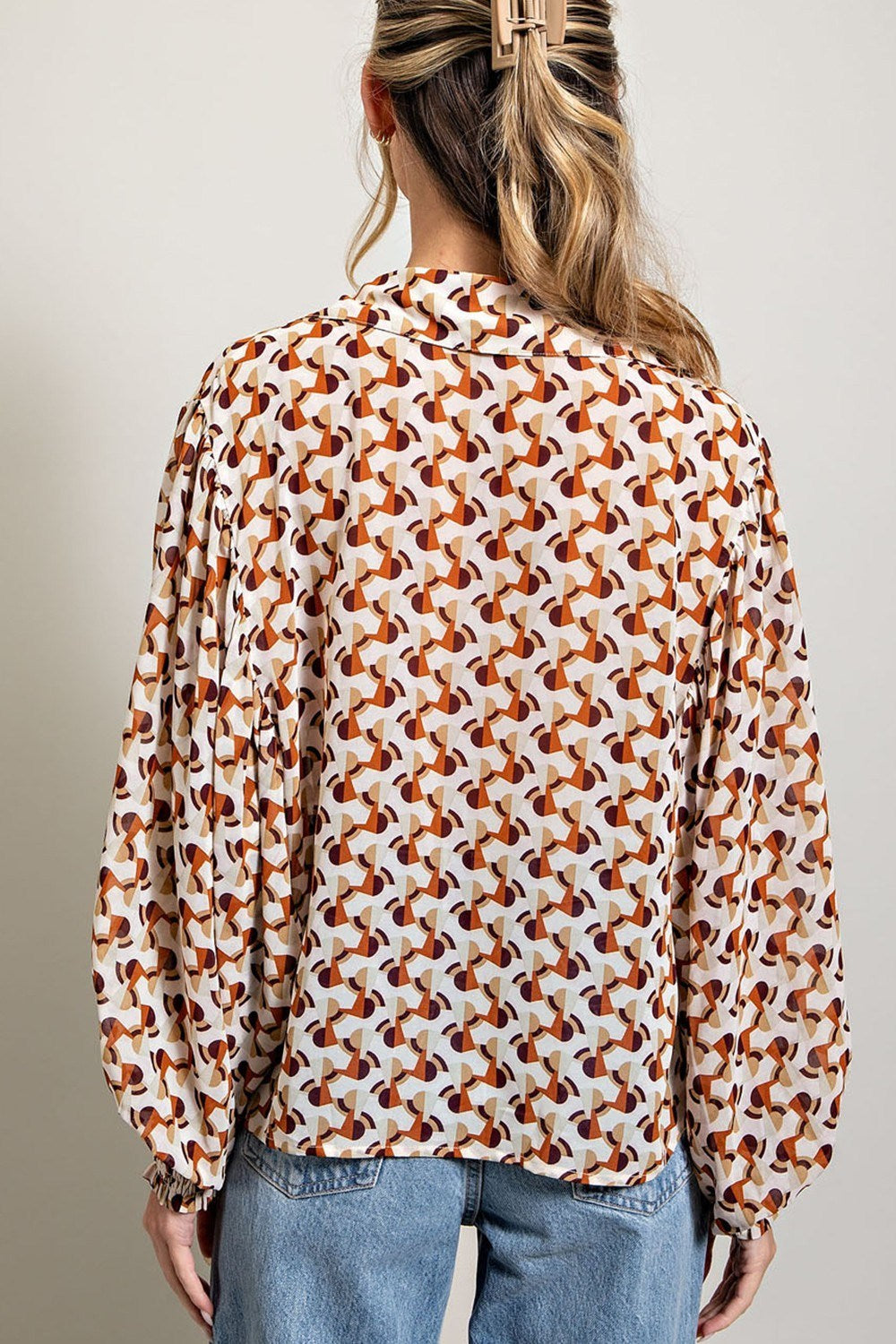 ee:some Geometric Printed Button Down Bubble Sleeve Top In Terracotta-Long Sleeves-ee:some-Deja Nu Boutique, Women's Fashion Boutique in Lampasas, Texas