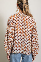 ee:some Geometric Printed Button Down Bubble Sleeve Top In Terracotta-Long Sleeves-ee:some-Deja Nu Boutique, Women's Fashion Boutique in Lampasas, Texas