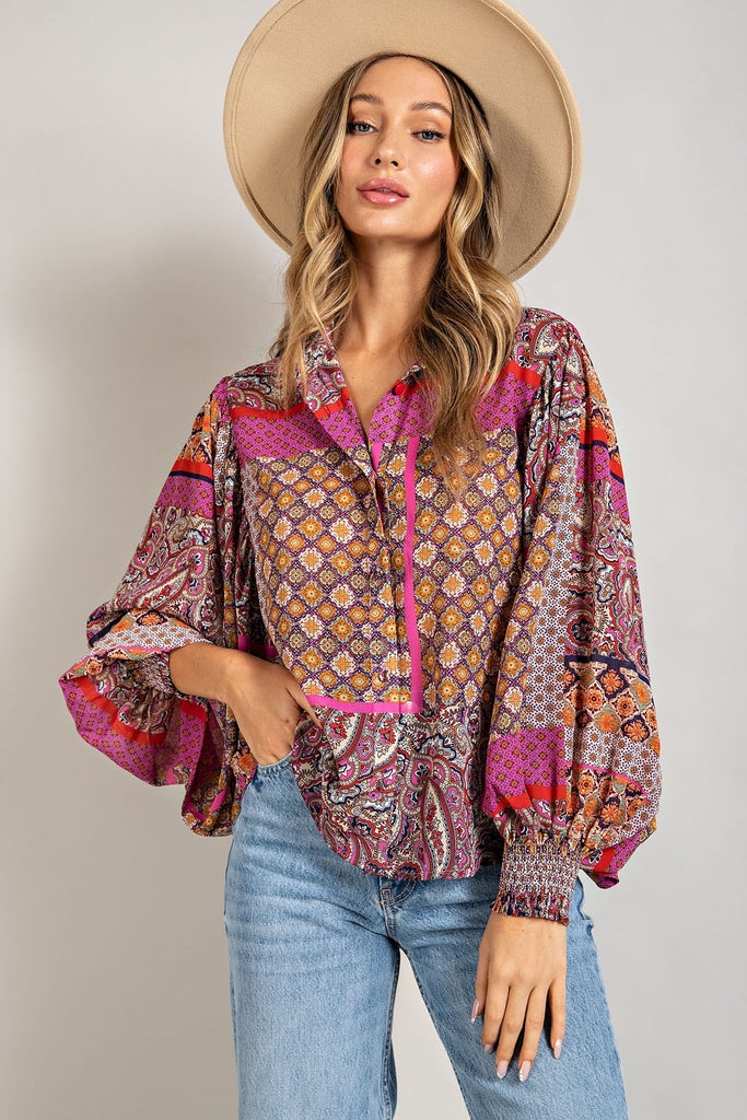 ee:some Hot Pink And Red Boho Puff Sleeve Top-Long Sleeves-ee:some-Deja Nu Boutique, Women's Fashion Boutique in Lampasas, Texas