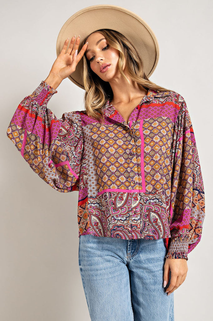 ee:some Hot Pink And Red Boho Puff Sleeve Top-Long Sleeves-ee:some-Deja Nu Boutique, Women's Fashion Boutique in Lampasas, Texas