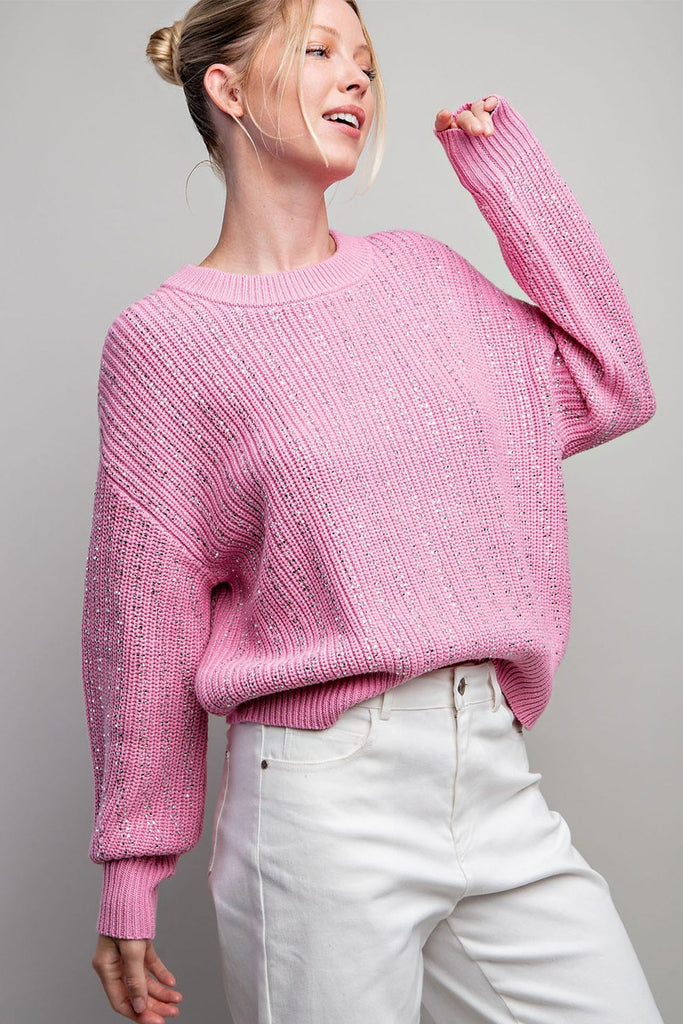 ee:some Jewel Crochet Knit Sweater In Bubble Pink-Sweaters-ee:some-Deja Nu Boutique, Women's Fashion Boutique in Lampasas, Texas