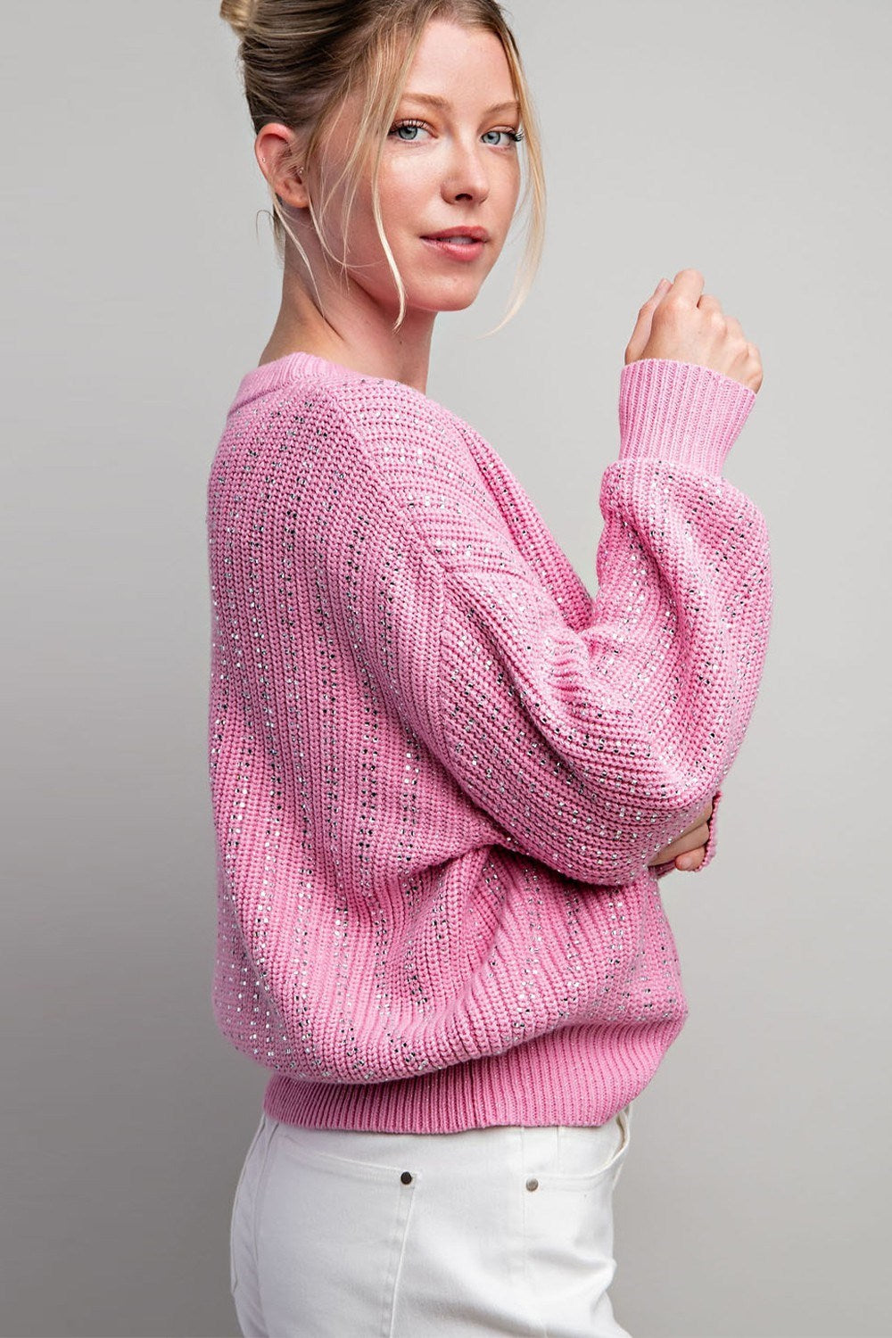 ee:some Jewel Crochet Knit Sweater In Bubble Pink-Sweaters-ee:some-Deja Nu Boutique, Women's Fashion Boutique in Lampasas, Texas