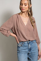 ee;some Long Sleeve V Neck Blouse In Coco-Long Sleeves-ee:some-Deja Nu Boutique, Women's Fashion Boutique in Lampasas, Texas