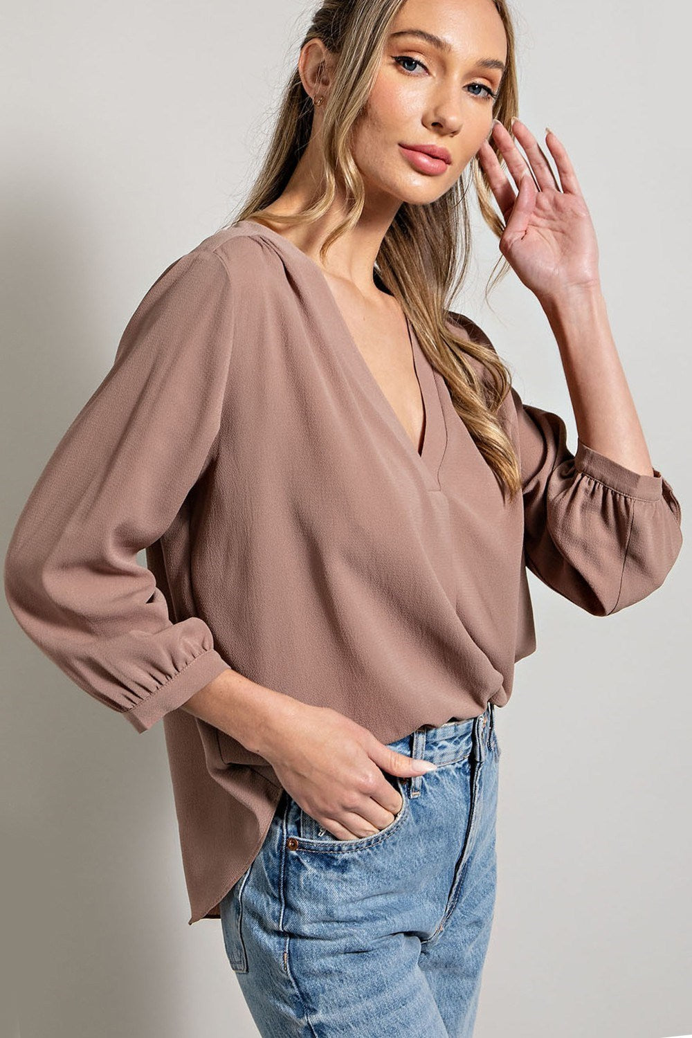 ee;some Long Sleeve V Neck Blouse In Coco-Long Sleeves-ee:some-Deja Nu Boutique, Women's Fashion Boutique in Lampasas, Texas